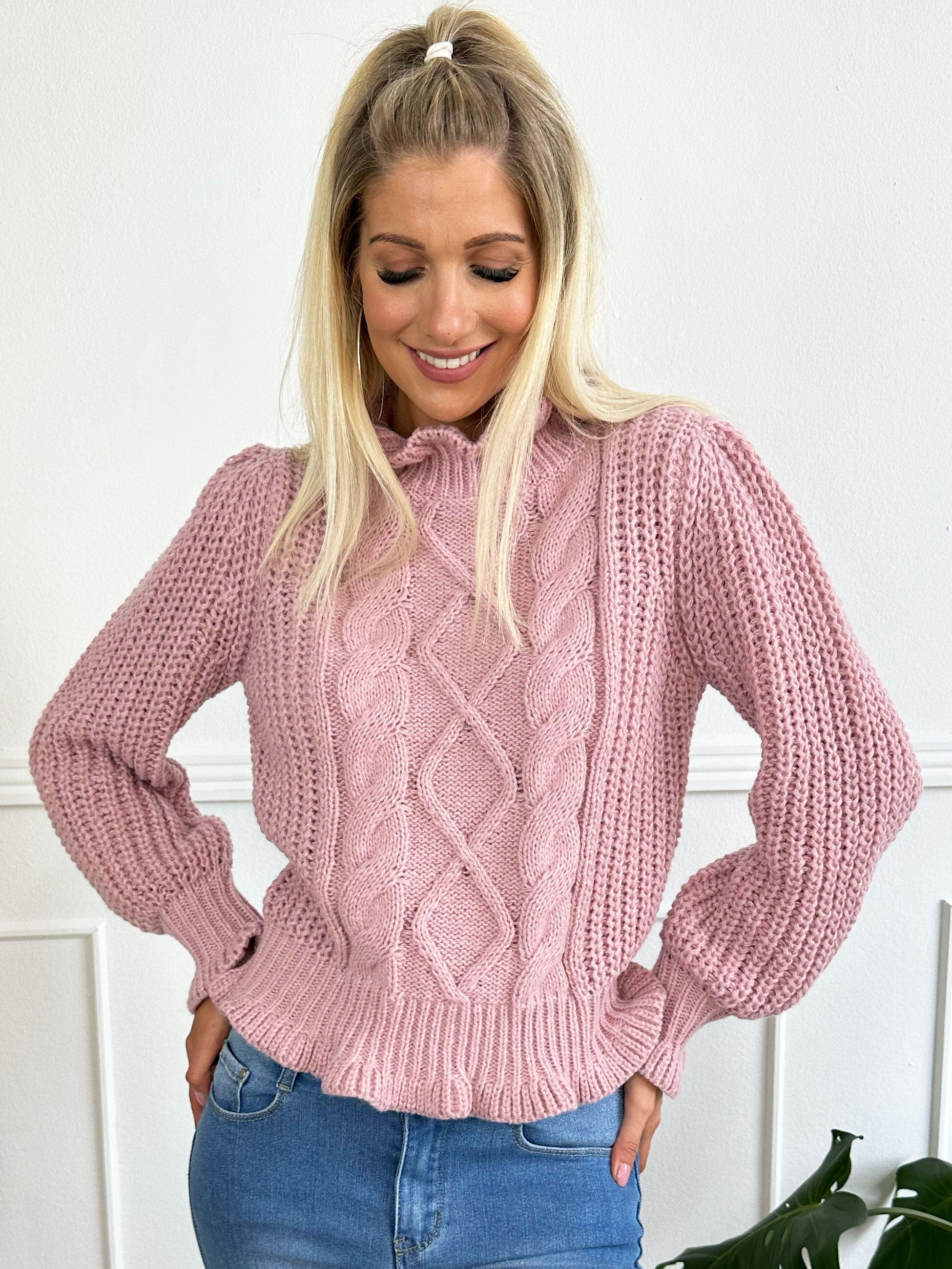 Hella - Tjock stickad tröja med söta ballongärmar